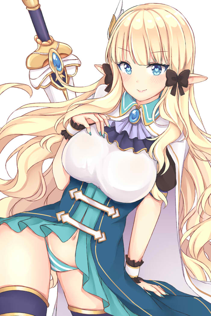 1girl black_bow blonde_hair bow breasts capelet cloak eyebrows_visible_through_hair gem hair_bow hand_on_own_chest heart heart-shaped_pupils large_breasts long_hair mo_(k40633) nail_polish navel panties princess_connect! princess_connect!_re:dive sasaki_saren striped striped_panties sword symbol-shaped_pupils thighhighs underwear weapon white_background