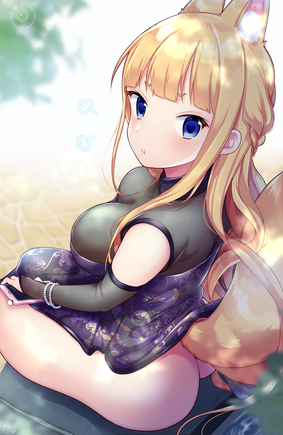 1girl animal_ear_fluff animal_ears ass bangs blonde_hair blue_eyes bracelet breasts bridal_gauntlets cellphone china_dress chinese_clothes closed_mouth commentary_request day dress floral_print fox_ears highres jewelry large_breasts lips long_hair looking_back miyano_ururu no_panties original outdoors pearl_bracelet phone pout purple_dress sitting smartphone solo very_long_hair