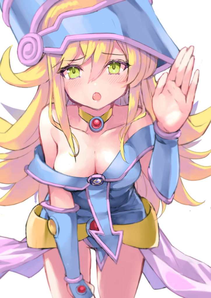 1girl :o bare_shoulders blonde_hair blue_headwear blush breasts choker cleavage dark_magician_girl duel_monster eyebrows_visible_through_hair fang green_eyes hair_between_eyes hand_on_own_thigh hand_up hat long_hair looking_at_viewer off_shoulder open_mouth rin2008 simple_background solo white_background wizard_hat yellow_choker yuu-gi-ou yuu-gi-ou_duel_monsters