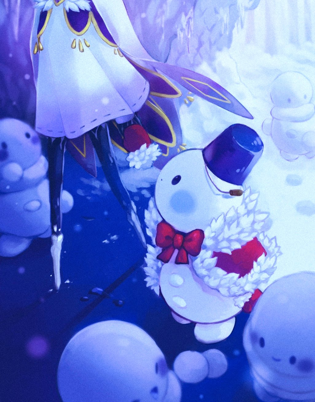 1girl black_eyes blue_headwear blush blush_stickers bow bucket bucket_hat cave cloak closed_mouth fur-trimmed_cloak fur-trimmed_gloves fur_trim gloves hat highres holding_hands icicle looking_at_another masyu_ori open_mouth original outdoors red_bow red_neckwear smile snow snowman tree walking