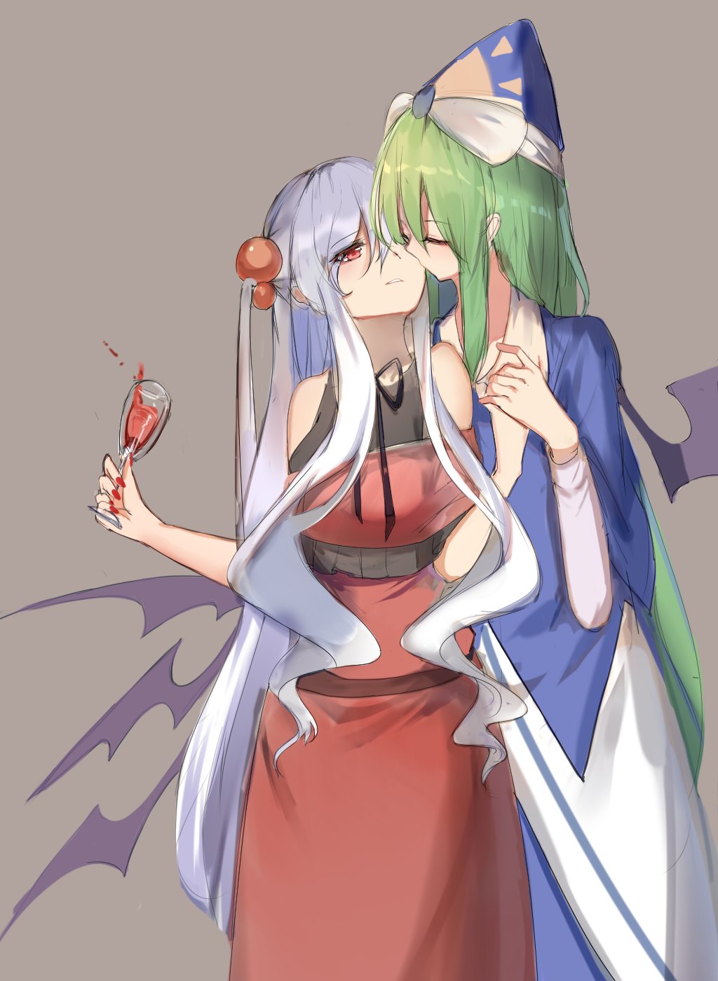 2girls bare_shoulders blue_eyes breasts cheek_kiss dress eyebrows_visible_through_hair green_eyes green_hair hair_between_eyes hair_bobbles hair_ornament hat highres kiss kuroko_tori long_hair long_sleeves mima multiple_girls mystic_square one_side_up ribbon shinki silver_hair simple_background touhou touhou_(pc-98) wings wizard_hat yuri