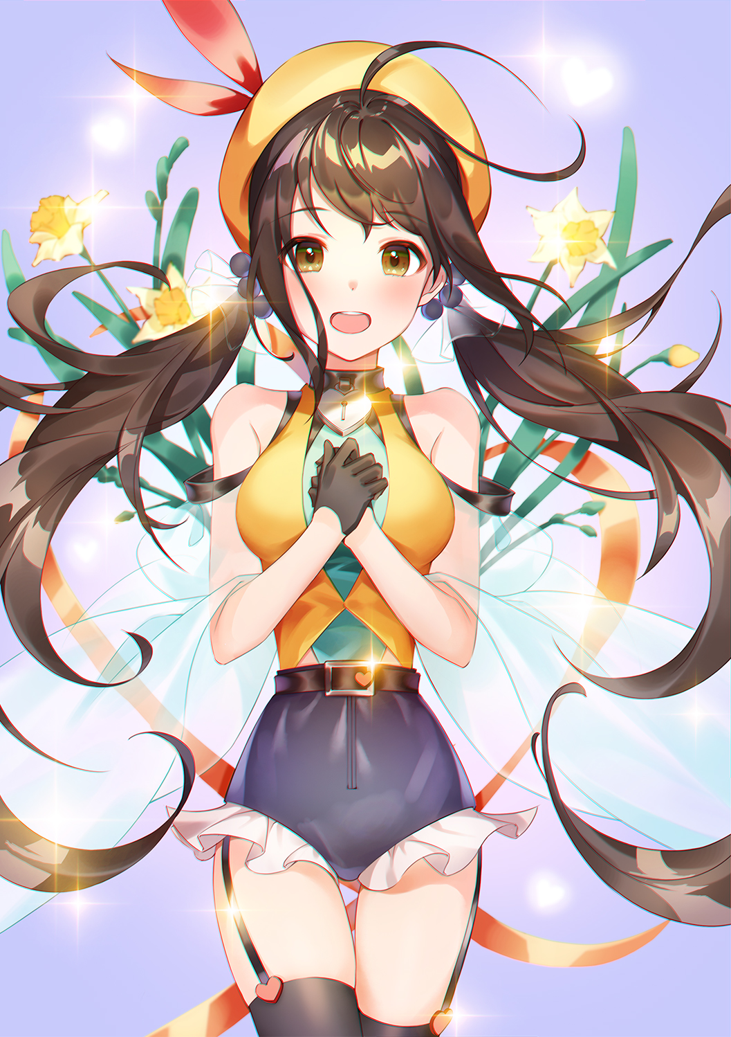 1girl :d ahoge bare_shoulders belt black_gloves black_legwear black_shorts breasts brown_eyes brown_hair commentary_request cowboy_shot garter_straps gloves hair_ornament hands_on_own_chest highres idolmaster idolmaster_cinderella_girls idolmaster_cinderella_girls_starlight_stage long_hair looking_at_viewer medium_breasts nakano_yuka open_mouth own_hands_together redamon see-through shirt short_shorts shorts sleeveless sleeveless_shirt smile solo thighhighs thighs twintails yellow_headwear yellow_shirt