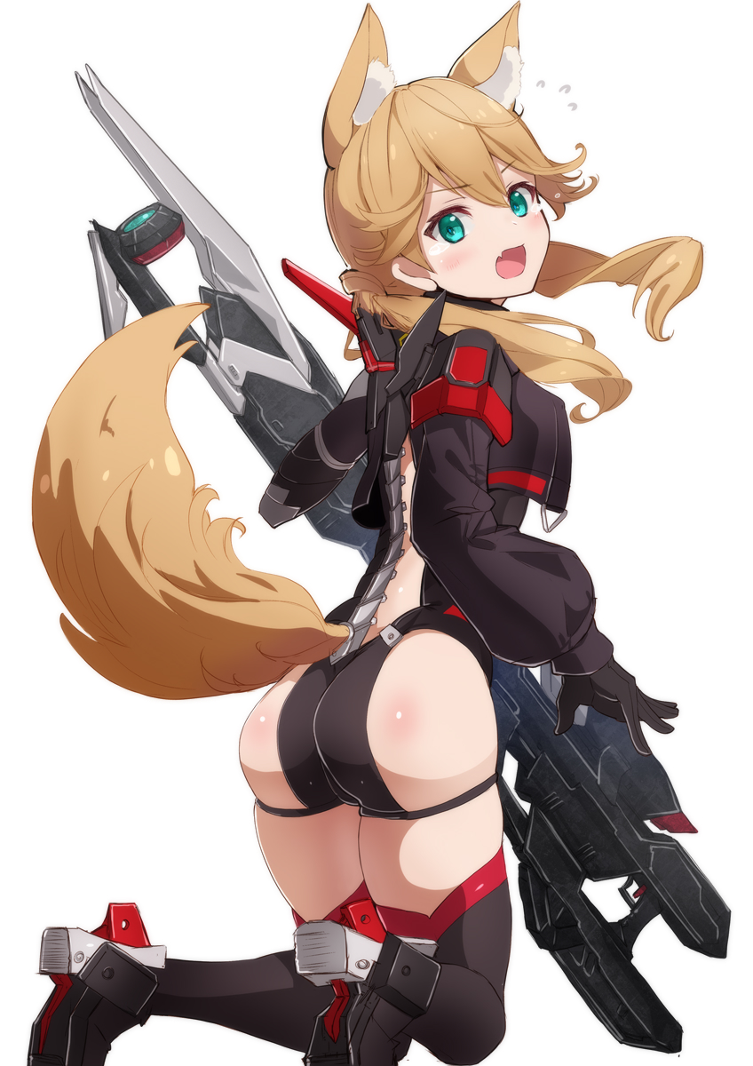 1girl alice_gear_aegis animal_ear_fluff animal_ears ass black_footwear black_gloves black_jacket blonde_hair blue_eyes boots commentary_request cropped_jacket fang fox_ears fox_girl fox_tail fuku_kitsune_(fuku_fox) gloves hair_over_shoulder highres jacket kotomura_akane long_hair long_sleeves looking_at_viewer low_twintails open_mouth simple_background skindentation solo tail tears thigh_boots thighhighs twintails weapon white_background