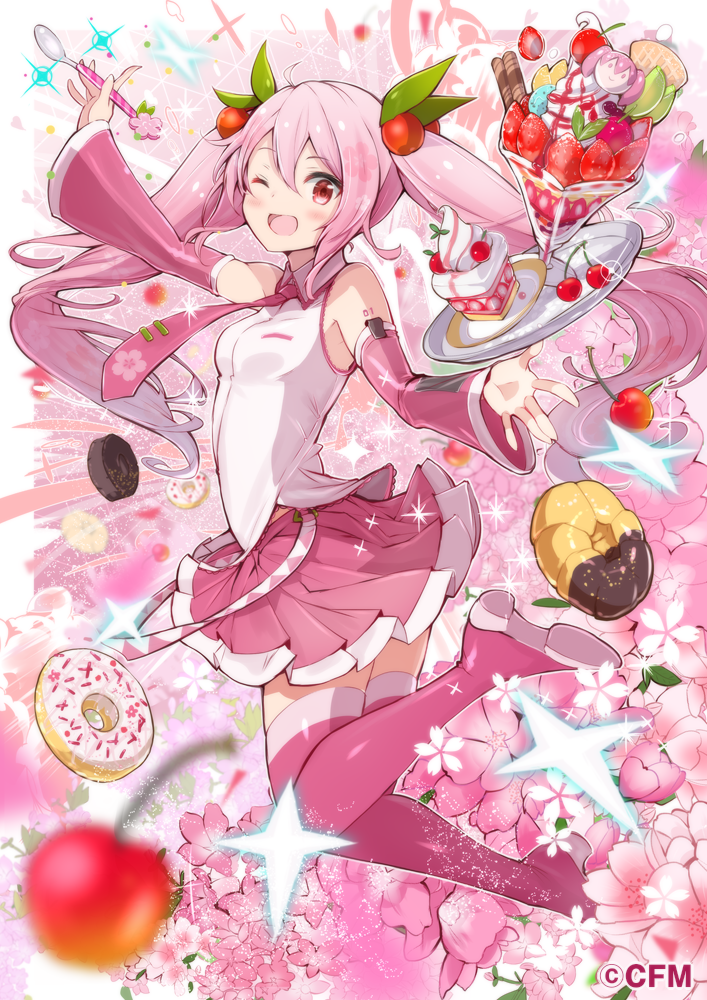 1girl ;d bare_shoulders blurry boots breasts cake cherry cherry_blossoms collared_shirt commentary detached_sleeves doughnut flower food fruit fuku_kitsune_(fuku_fox) hair_ornament hatsune_miku long_hair long_sleeves looking_at_viewer miniskirt necktie one_eye_closed open_mouth outstretched_arms parfait pink_flower pink_footwear pink_hair pink_skirt plate pleated_skirt red_eyes sakura_miku shirt skirt slice_of_cake small_breasts smile solo spoon thigh_boots thighhighs twintails vocaloid watermark white_shirt zettai_ryouiki