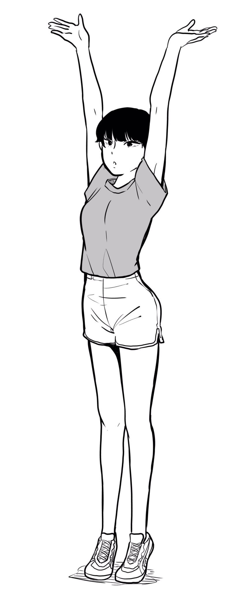 1girl boyshorts exercise greyscale hands_above_head hands_up highres monochrome nikaidou_kou original shirt shoes short_hair short_sleeves simple_background solo standing stretch t-shirt tiptoes white_background