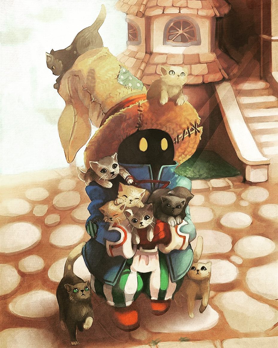 artist_request black_cat black_eyes black_mage cat cat_focus final_fantasy final_fantasy_ix full_body green_eyes hat holding holding_cat house long_sleeves looking_at_viewer pants stairs standing striped striped_pants third-party_source too_many too_many_cats vertical-striped_pants vertical_stripes vivi_ornitier white_cat witch_hat yellow_eyes