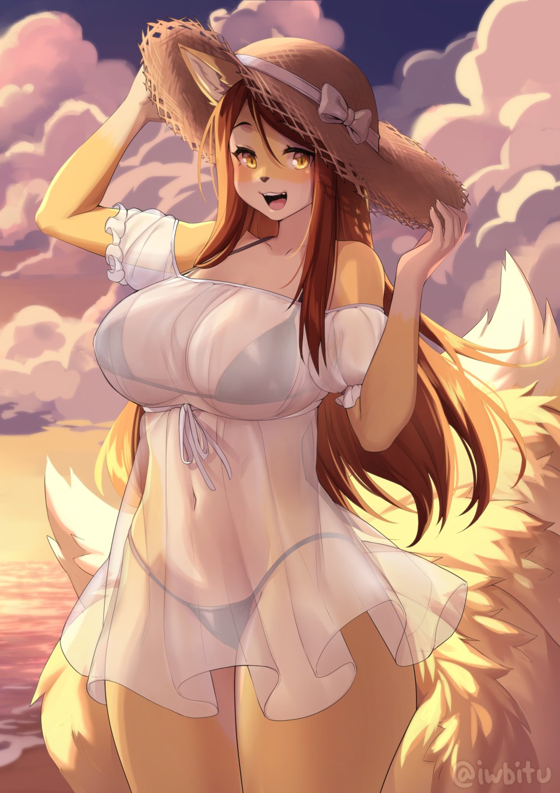 1girl :d animal_ears animal_nose beach bikini bikini_under_clothes black_bikini breasts cloud commentary commission dress english_commentary fox_ears fox_girl fox_tail furry hat hat_ribbon highres iwbitu large_breasts looking_at_viewer multiple_tails navel off-shoulder_dress off_shoulder original ribbon see-through short_sleeves smile solo straw_hat sunset swimsuit tail twitter_username white_dress yellow_eyes