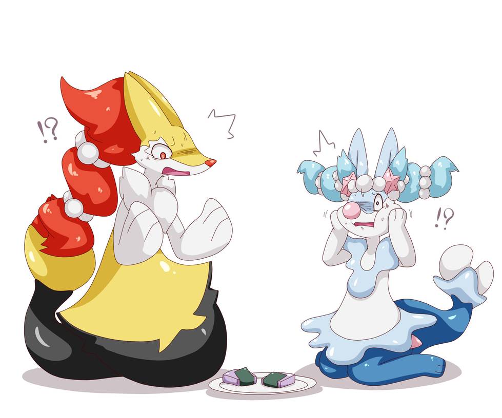 ambiguous_gender anthro braixen confusion dlrowdog duo feral food fur mammal nintendo pok&eacute;mon pok&eacute;mon_(species) primarina transformation video_games yellow_body yellow_fur