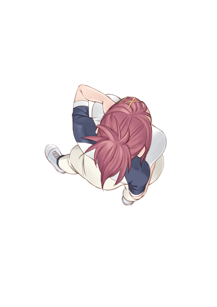 1girl alternate_hairstyle amanchu! commentary_request easy_(aqk7bdqt) foreshortening from_above full_body hair_ornament ninomiya_ai red_hair shoes simple_background sneakers solo white_background x_hair_ornament