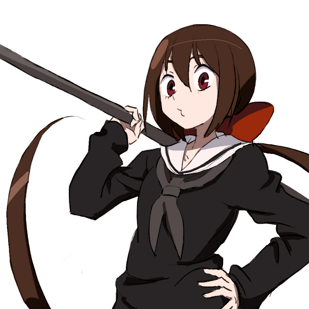 1girl bangs black_serafuku breasts brown_hair closed_mouth collarbone commentary_request grey_neckwear hair_between_eyes hair_ribbon hand_on_hip holding holding_weapon koto_(kyousougiga) kyousougiga long_hair long_sleeves looking_at_viewer neckerchief o3o over_shoulder ponytail puckered_lips red_eyes red_ribbon ribbon sailor_collar school_uniform serafuku simple_background small_breasts solo standing tonmoh upper_body very_long_hair weapon weapon_over_shoulder white_background white_sailor_collar