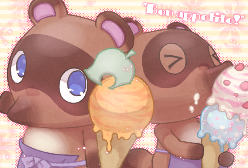 2016 animal_crossing anthro blue_eyes brown_body brown_fur canid canine dessert duo eyes_closed food fur hellox2 ice_cream mammal nintendo raccoon_dog tanuki text timmy_nook tommy_nook video_games