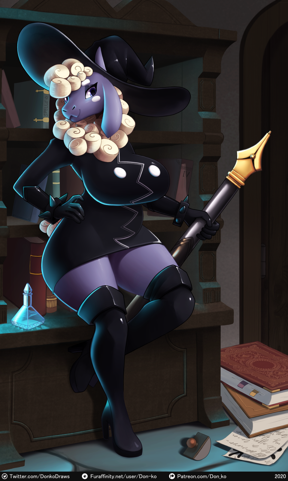 anthro big_breasts bookshelf bovid breasts caprine clothing curled_hair detailed_background don_ko female fountain_pen furniture hair hat headgear headwear hi_res inside looking_at_viewer magic_user mammal sheep sheep_witch solo text url vial witch witch_hat