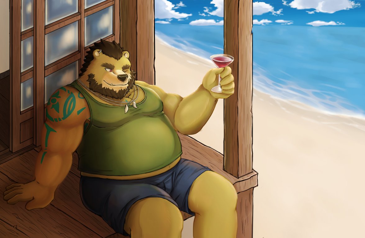2018 anthro arkross1999 beach belly bottomwear brown_body brown_fur clothing detailed_background fur humanoid_hands kemono male mammal outside overweight overweight_male seaside shirt shorts sitting solo topwear ursid water