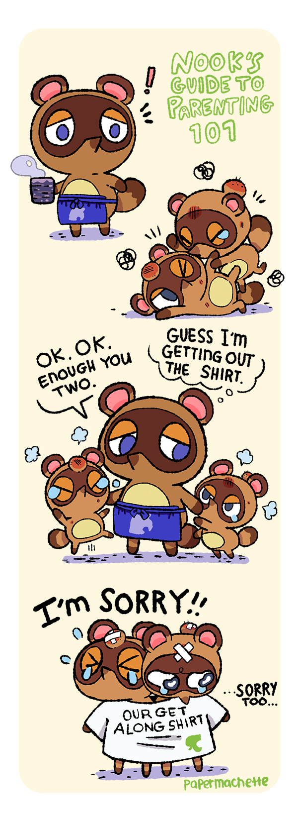 animal_crossing apron belly bodily_fluids brown_body brown_fur canid canine clothing comic crying english_text fight fur group hi_res mammal nintendo papermachette raccoon_dog scar shirt slightly_chubby tanuki tears text timmy_nook tom_nook_(animal_crossing) tommy_nook topwear video_games