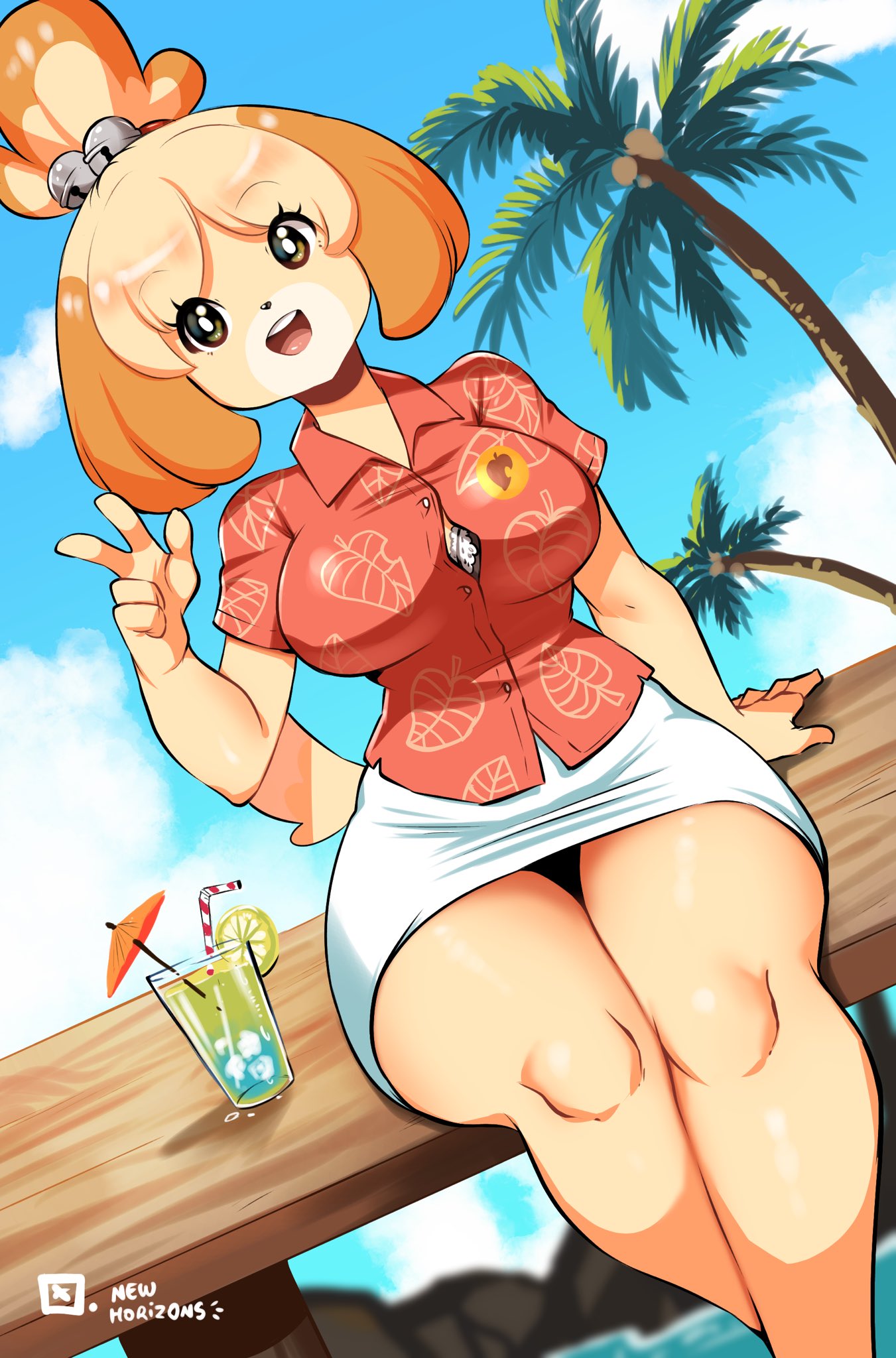 2020 animal_crossing anthro big_breasts breasts canid canine canis cleavage clothed clothing digital_media_(artwork) domestic_dog eyelashes female fur hair hi_res isabelle_(animal_crossing) kenron_toqueen looking_at_viewer mammal nintendo open_mouth outside palm_tree shih_tzu smile solo thick_thighs toy_dog tree video_games yellow_body yellow_fur