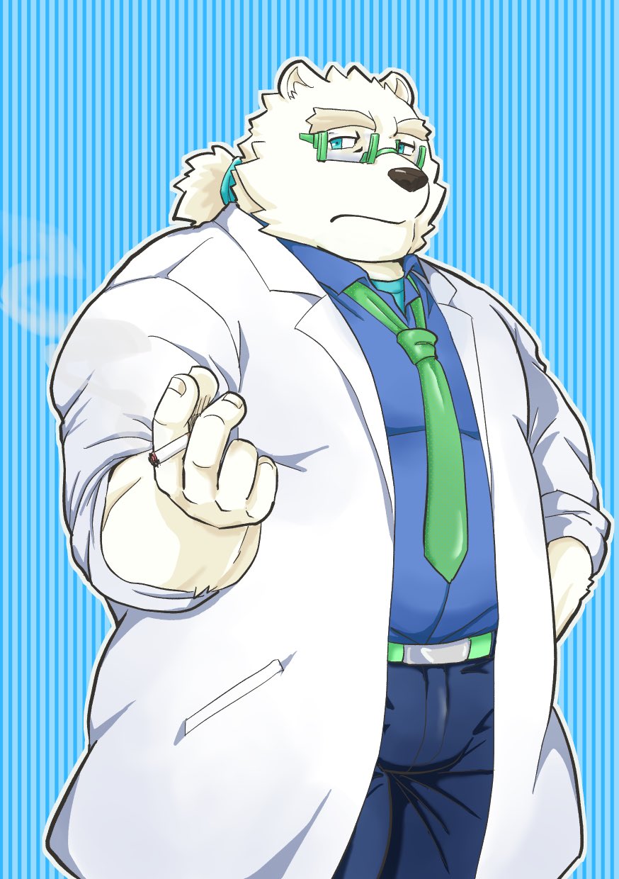 2020 anthro blue_eyes bottomwear bulge clothing eyewear fur glasses hi_res humanoid_hands kemono leib_(tas) male mammal necktie overweight overweight_male pants polar_bear shirt solo srw225we tokyo_afterschool_summoners topwear ursid ursine video_games white_body white_fur