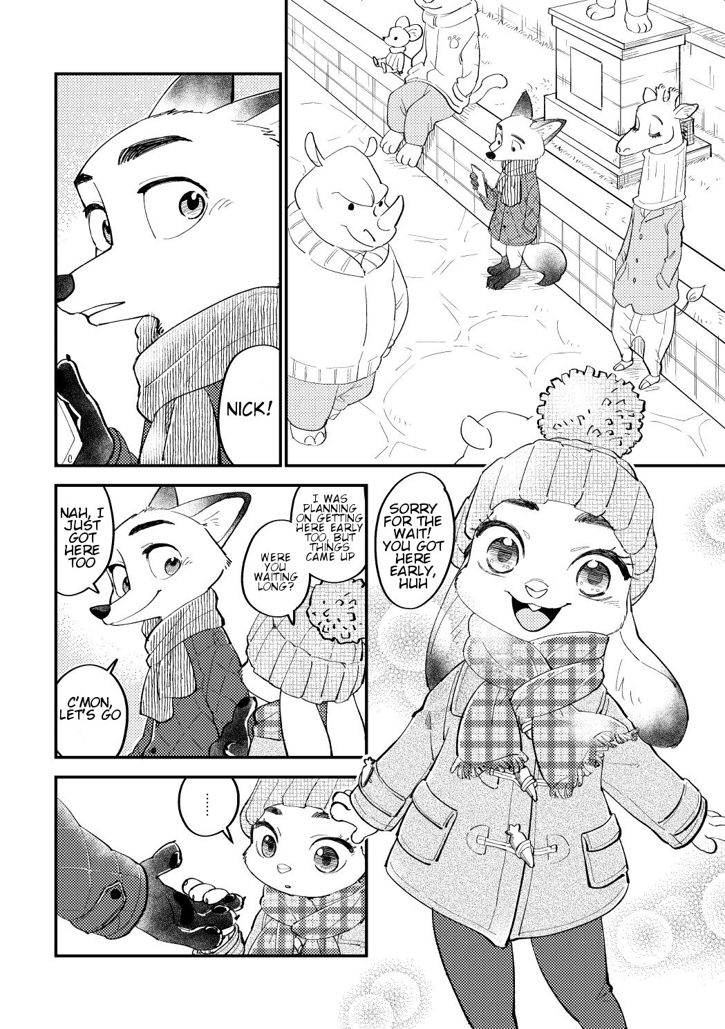 anthro bibio canid canine clothed clothing coat comic dialogue dipstick_ears disney edit english_text female fox fully_clothed giraffe giraffid group hard_translated hat headgear headwear hi_res judy_hopps lagomorph leporid looking_at_another male mammal monochrome mouse multicolored_ears murid murine nick_wilde outside rabbit red_fox rhinocerotoid rodent scarf smile speech_bubble text topwear translated zootopia