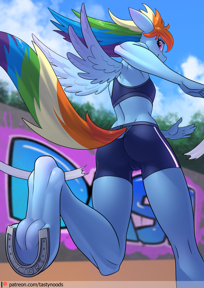 anthro anthrofied bottomwear camel_toe chrysalisdraws clothing equid equine female finish_line friendship_is_magic hi_res horseshoe low-angle_view mammal my_little_pony pterippus purple_eyes rainbow_dash_(mlp) running shorts solo wings worm's-eye_view