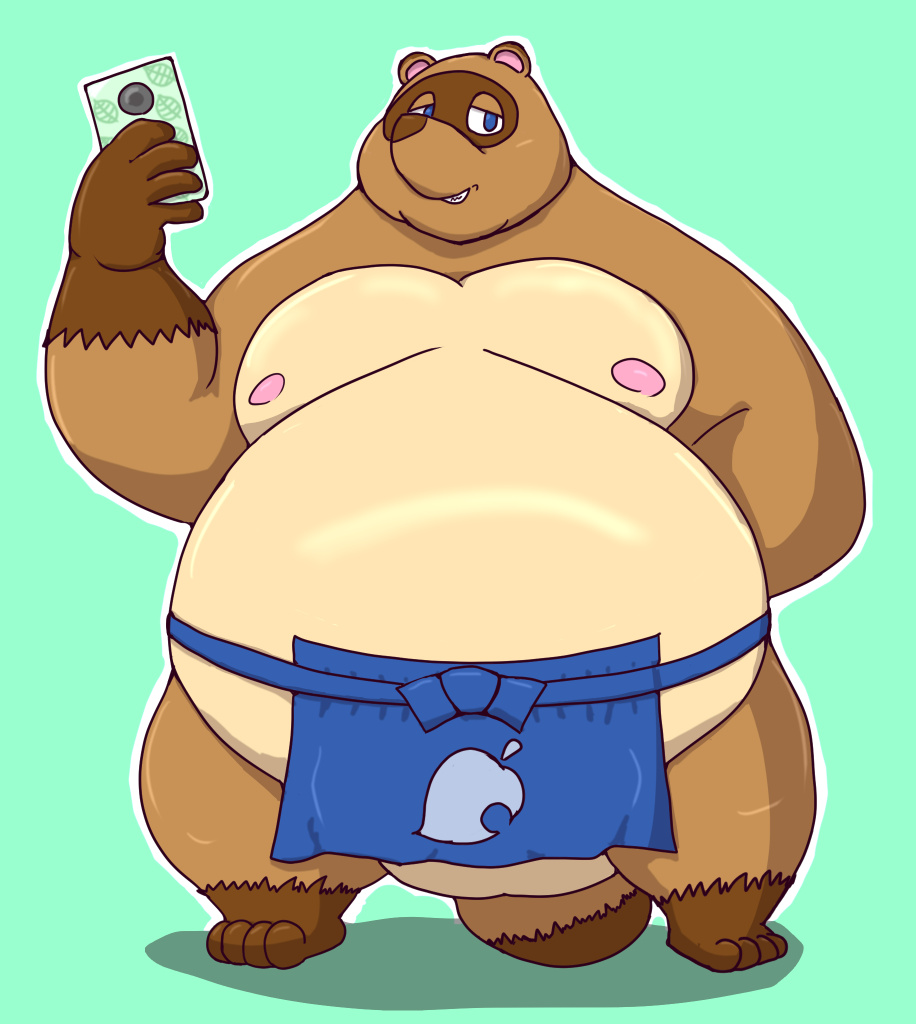 2020 animal_crossing anthro apron balls belly canid canine clothing genitals humanoid_hands kemono male mammal moobs nintendo nipples obese overweight overweight_male phone raccoon_dog simple_background solo tanuki tom_nook_(animal_crossing) usikuma6 video_games