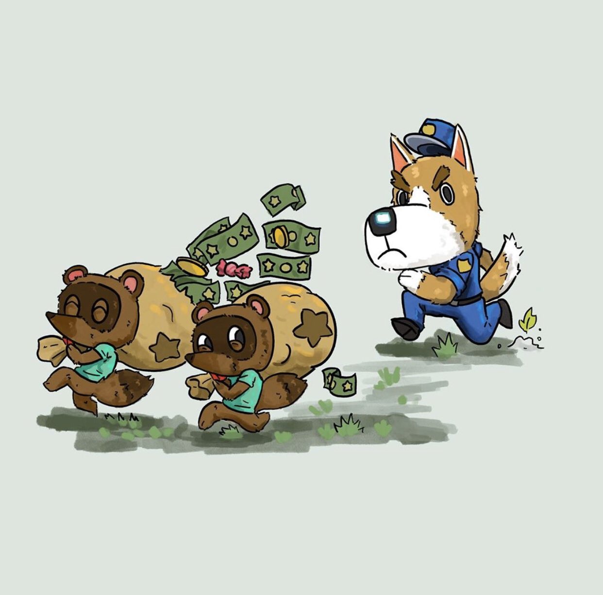 animal_crossing anthro brown_body brown_fur candy canid canine canis chasing clothing copper_(animal_crossing) domestic_dog food fur grey_background group hi_res leaf male mammal money money_bag multicolored_body multicolored_fur nintendo papa_shasta police_uniform raccoon_dog running simple_background stealing tanuki timmy_nook tommy_nook two_tone_body two_tone_fur uniform video_games