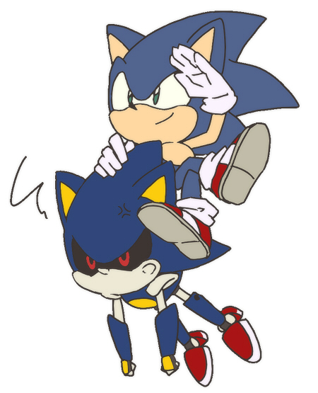 2014 annoyed anthro blue_body blue_fur bukikobuta carrying clothing cross-popping_vein crossed_legs duo eulipotyphlan footwear fur gloves green_eyes hand_on_head handwear hedgehog machine male mammal metal_sonic on_head red_eyes robot shoes simple_background sitting smile sonic_the_hedgehog sonic_the_hedgehog_(series) vein white_background