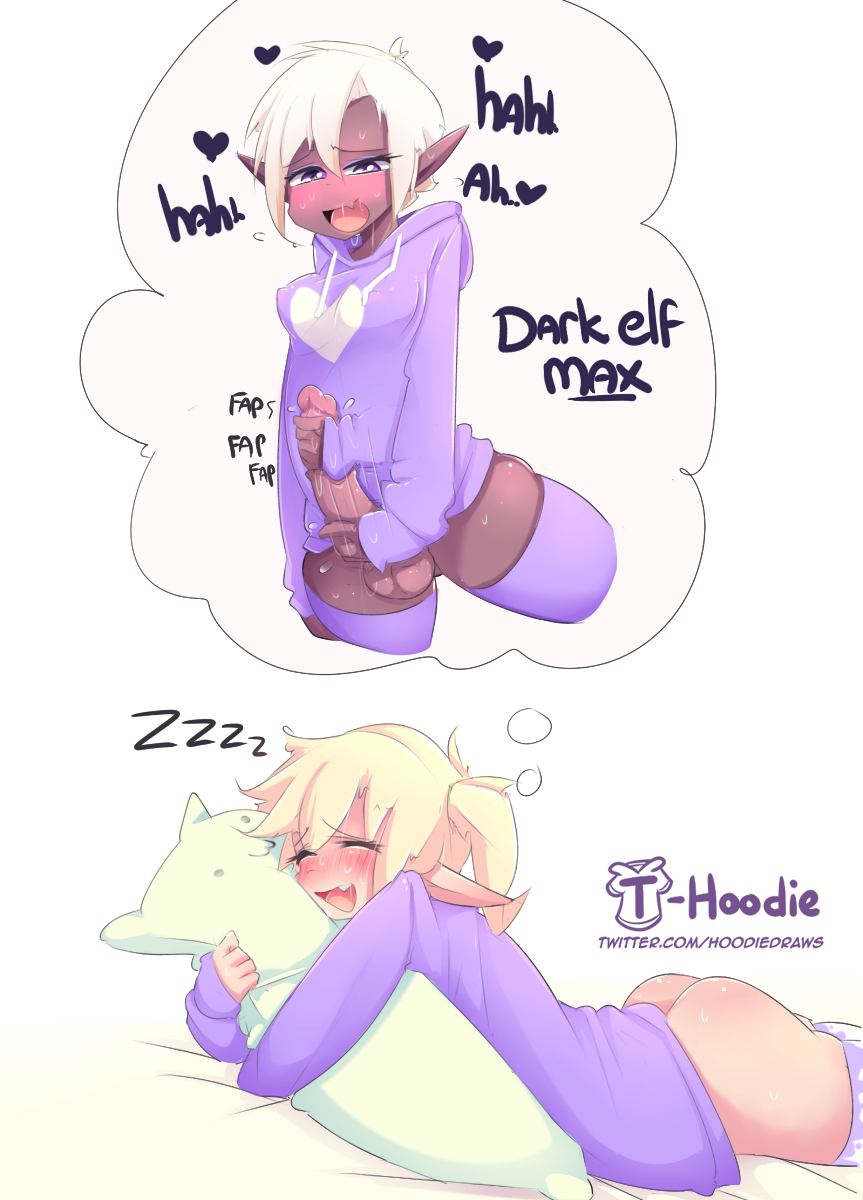 &lt;3 balls big_penis blonde_hair blush bodily_fluids breasts butt circumcised clothing cute_fangs dark_elf dark_skin dee_(hoodie) dream duo elf female genitals glans gynomorph hair half-closed_eyes hi_res hoodie hoodie_(artist) humanoid humanoid_genitalia humanoid_penis intersex legwear light_skin lying male_(lore) masturbation max_(hoodie) mostly_nude narrowed_eyes nipple_outline not_furry on_front onomatopoeia open_mouth open_smile penile penile_masturbation penis pillow pillow_hug pink_glans purple_clothing purple_eyes purple_hoodie purple_thigh_highs purple_topwear saliva signature simple_background smile solo_focus sound_effects sweat sweater text tongue topwear url white_background