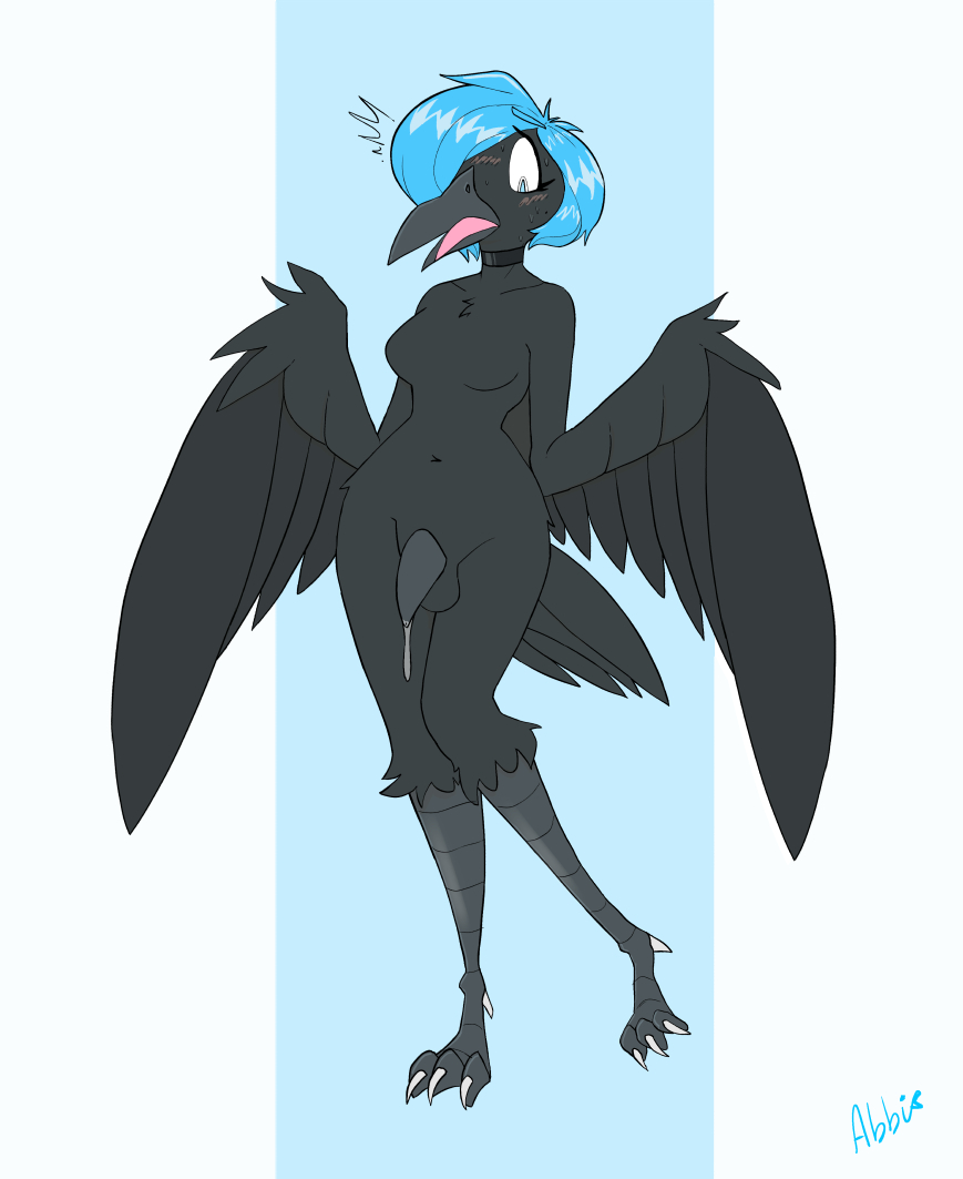 abbihors anthro avian beak bird bodily_fluids breasts choker corvid corvus_(genus) crow cum feathers genital_fluids genitals gynomorph hair intersex jewelry necklace penis solo transformation virus