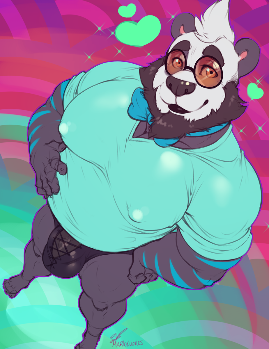 anthro beard bulge clothing eyewear facial_hair flaccid glasses hand_on_stomach looking_at_viewer male mammal marlon.cores nipple_bulge overweight overweight_male panda penis solo standing underwear ursine vein