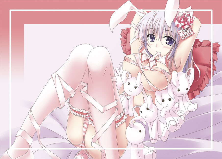 animal_ears arms_behind_head bad_id bad_pixiv_id bangs blue_eyes blush bow breasts bunny_ears bunny_tail cleavage eyebrows_visible_through_hair eyes_visible_through_hair flower garters gisyo large_breasts leg_garter long_hair lying mouth_hold nipples on_back panties pillow reisen_udongein_inaba ribbon ribbon_in_mouth solo striped striped_panties stuffed_animal stuffed_bunny stuffed_toy tail thighhighs touhou underwear white_legwear