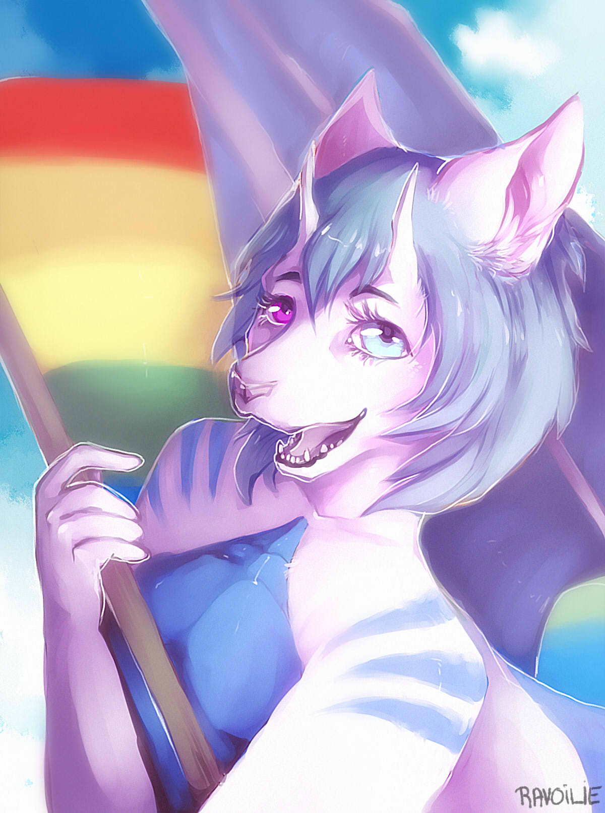 2017 5_fingers anthro black_lips blue_hair digital_media_(artwork) dragon gay_pride hair heterochromia horn open_mouth pride_flag rainbow_flag rainbow_symbol ravoilie smile teeth tongue