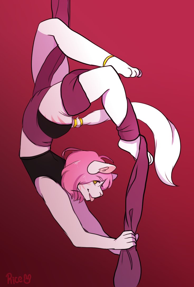 aerial_silk anklet anthro bottomwear clothing felid feline flexible girly hair hotpants jewelry looking_at_viewer male mammal markings paws performance performer pink_hair rice324 saint_(character) shirt shorts silk simple_background solo suspension tail_rings tank_top tongue tongue_out topwear