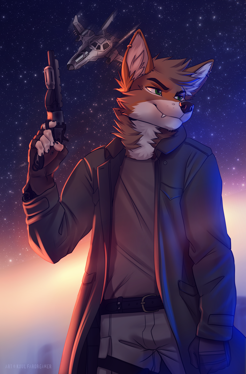 5_fingers anthro belt black_nose brown_body brown_fur brown_hair canid canine canis clothed clothing coat coyote detailed_background fingers fur green_eyes gun hair hi_res holding_gun holding_object holding_weapon koul male mammal outside ranged_weapon sky solo spacecraft star starry_sky topwear twilight vehicle weapon