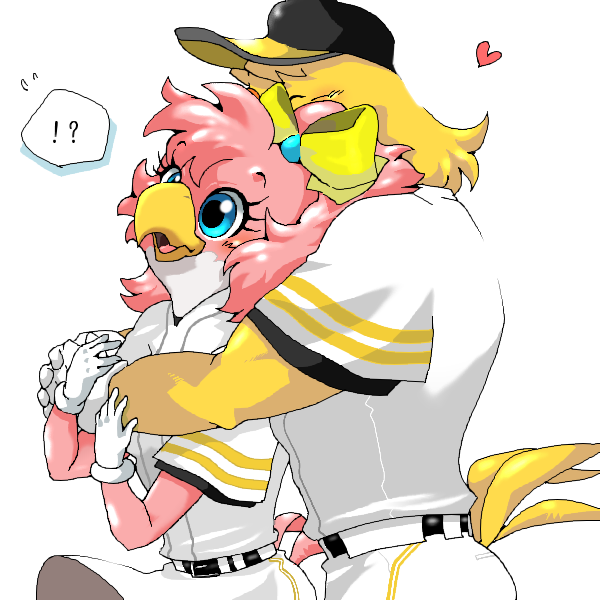 &lt;3 1:1 5_fingers ?! accessory accipitrid accipitriform anthro anthro_on_anthro avian baseball_cap beak biped bird black_clothing black_eyelashes black_hat black_headwear black_pupils black_shirt black_topwear blonde_hair blue_eyes bottomwear bow_accessory chikuwabu clothed clothing cute_face dark_pupils eyelashes feathers female fingers fukuoka_softbank_hawks fully_clothed gloves grey_clothing grey_hat grey_headwear hair hair_accessory hair_bow hair_ribbon hands_together handwear harry_hawk hat headgear headwear honey_hawk hooked_beak hug hugging_from_behind iris light_bottomwear light_clothing light_gloves light_handwear light_shirt light_skirt light_topwear male male/female mascot monotone_beak monotone_body monotone_feathers monotone_hair monotone_tail multi_tone_clothing multi_tone_hat multi_tone_headwear multi_tone_shirt multi_tone_topwear multicolored_body multicolored_bottomwear multicolored_clothing multicolored_face multicolored_feathers multicolored_hat multicolored_headwear multicolored_shirt multicolored_skirt multicolored_topwear nippon_professional_baseball pink_body pink_face pink_feathers pink_hair pink_heart pink_tail pink_tail_feathers pupils ribbons shirt short_hair simple_background skirt sports_uniform t-shirt tail_feathers topwear two_tone_body two_tone_bottomwear two_tone_clothing two_tone_face two_tone_feathers two_tone_skirt white_background white_body white_bottomwear white_clothing white_face white_feathers white_gloves white_handwear white_shirt white_skirt white_topwear wide_eyed yellow_beak yellow_body yellow_bottomwear yellow_bow yellow_clothing yellow_feathers yellow_hat yellow_headwear yellow_ribbon yellow_shirt yellow_skirt yellow_tail yellow_tail_feathers yellow_topwear