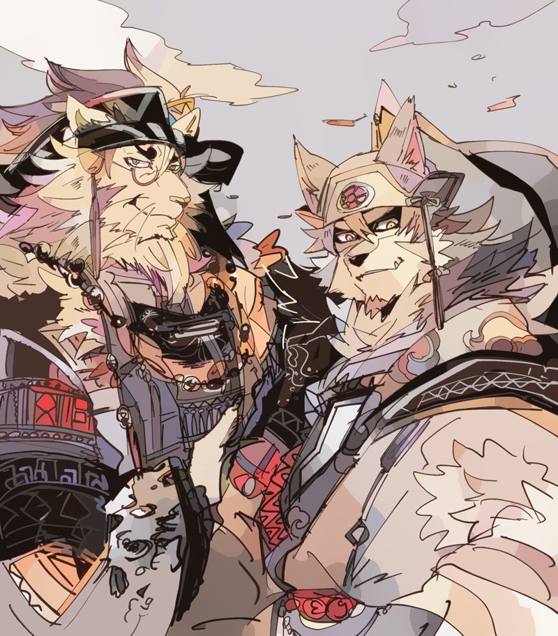 anthro background_sky canid canine canis clothed clothing duo eyewear facial_hair felid fur hair hat headgear headwear lion male mammal mane mane_hair monocle ohayashi55 pantherine sky snow_(tas) temujin tokyo_afterschool_summoners topwear video_games wolf