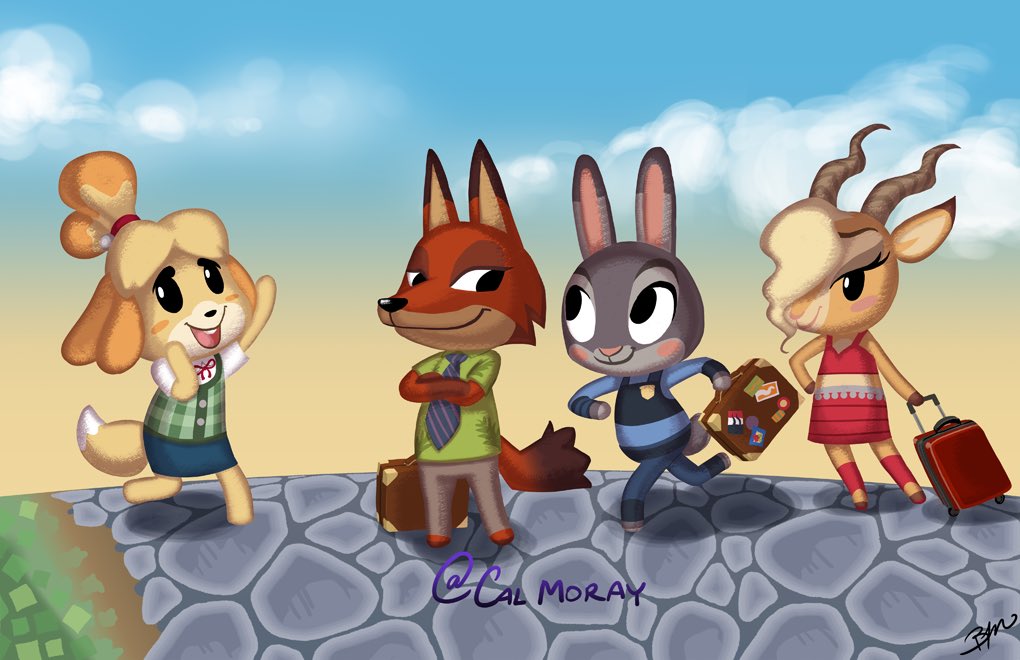 2016 animal_crossing antelope anthro bottomwear bovid calmoray canid canine canis clothed clothing cloud crossover disney domestic_dog fox fully_clothed gazelle gazelle_(zootopia) group horn isabelle_(animal_crossing) judy_hopps lagomorph leporid luggage mammal necktie nick_wilde nintendo outside pants rabbit red_fox shih_tzu shirt sky style_parody topwear toy_dog video_games zootopia