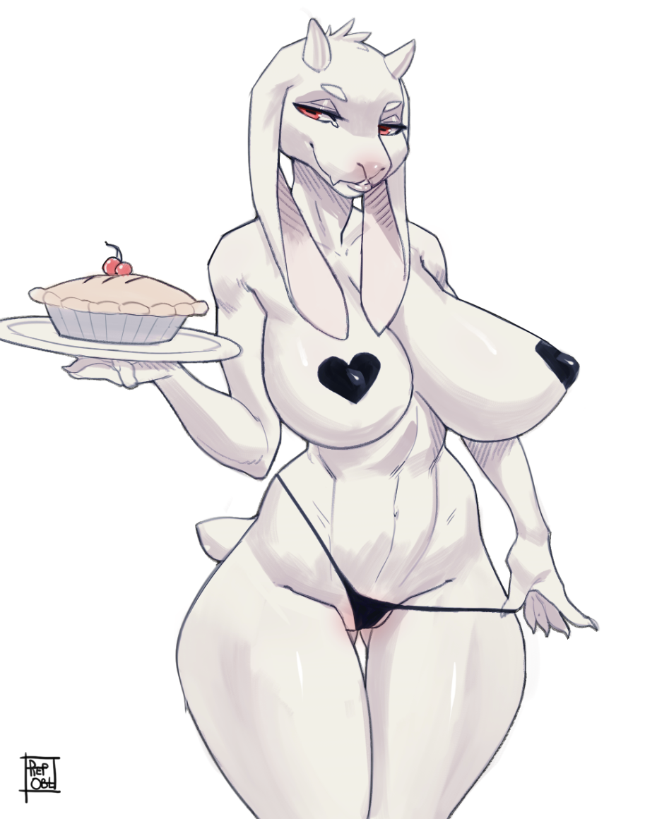 2020 5_fingers anthro big_breasts boss_monster bovid breasts caprine clothed clothing female fingers food fur goat horn mammal mature_female pasties pie red_eyes reptilian_orbit simple_background skimpy solo standing toriel undertale video_games white_background white_body white_fur wide_hips