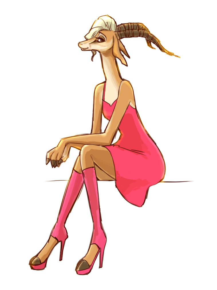 2016 antelope anthro blonde_hair bovid clothed clothing disney dress female footwear gazelle gazelle_(zootopia) hair high_heels horn looking_at_viewer mammal mortic_ox shoes simple_background sitting smile solo white_background zootopia