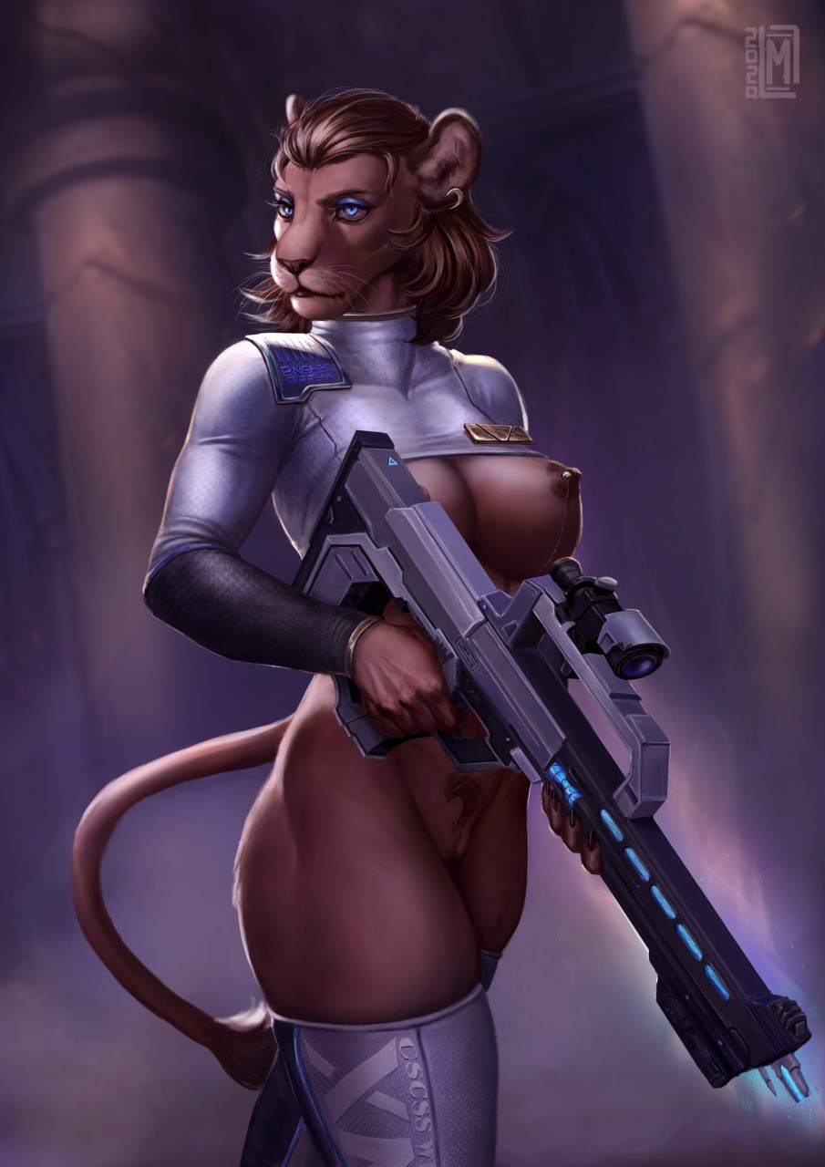 2020 5_fingers anthro areola breasts brown_hair clothed clothing digital_media_(artwork) ear_piercing eyebrows eyelashes felid female fingers genitals gun hair hi_res holding_object holding_weapon lion mammal moon-s nipple_chain nipple_piercing nipples pantherine piercing pussy ranged_weapon solo weapon