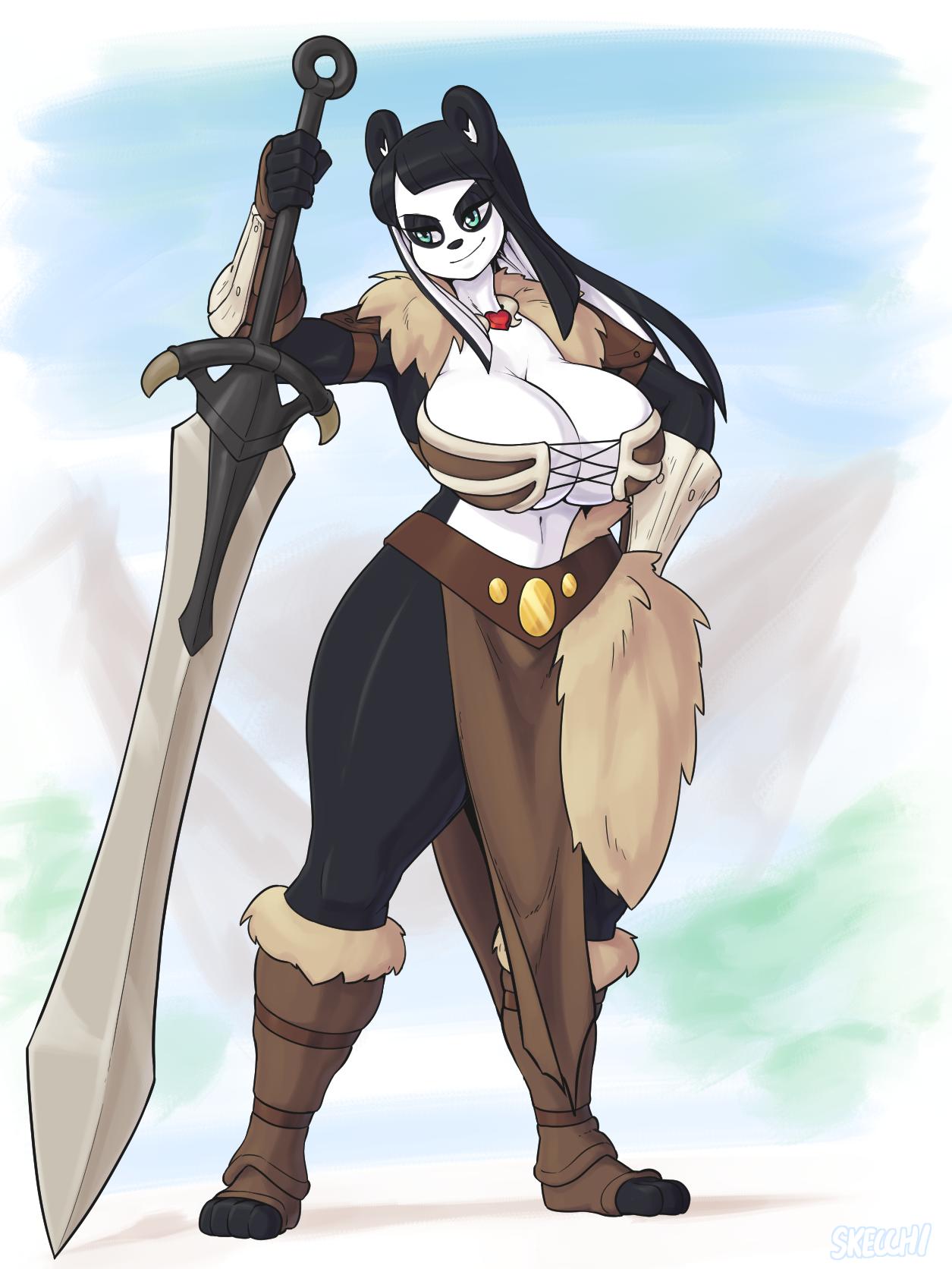 &lt;3 2019 4_toes 5_fingers anthro armlet armor belt big_breasts black_hair blue_eyes breasts cleavage clothed clothing digital_media_(artwork) female fingers fist giant_panda hair hi_res holding_object holding_weapon huge_breasts lei_(skecchiart) loincloth long_hair looking_aside mammal melee_weapon midriff navel signature simple_background skecchiart sky solo standing sword thick_thighs toeless_footwear toeless_legwear toes ursid vambraces weapon white_hair wide_hips