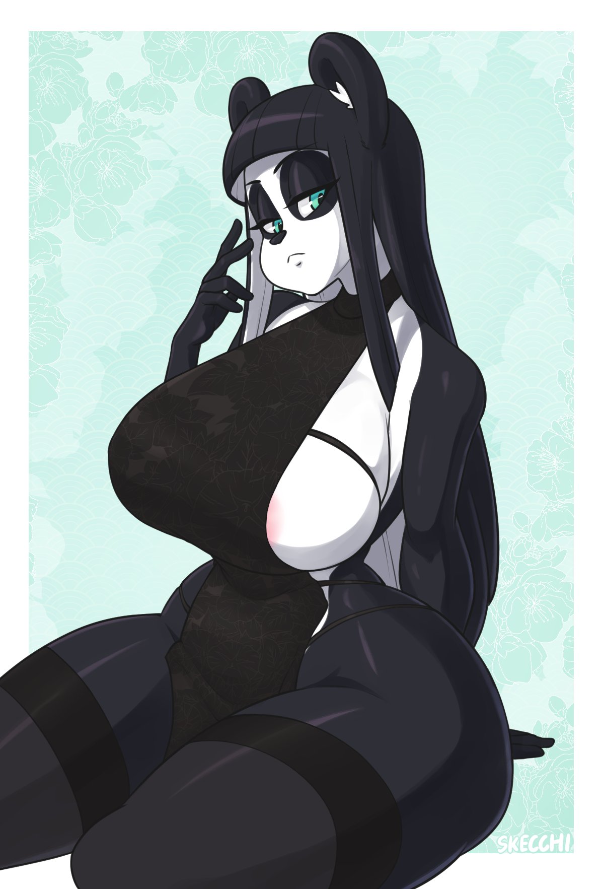 2019 5_fingers abstract_background anthro areola areola_slip arm_support bare_shoulders big_breasts black_body black_hair blue_eyes breasts clothing curvy_figure eyelashes female fingers giant_panda hair hi_res huge_breasts inner_ear_fluff legwear lei_(skecchiart) long_hair mammal panties pelvic_curtain side_boob side_slit signature sitting skecchiart solo stockings thick_thighs tuft underwear ursid white_body white_hair wide_hips
