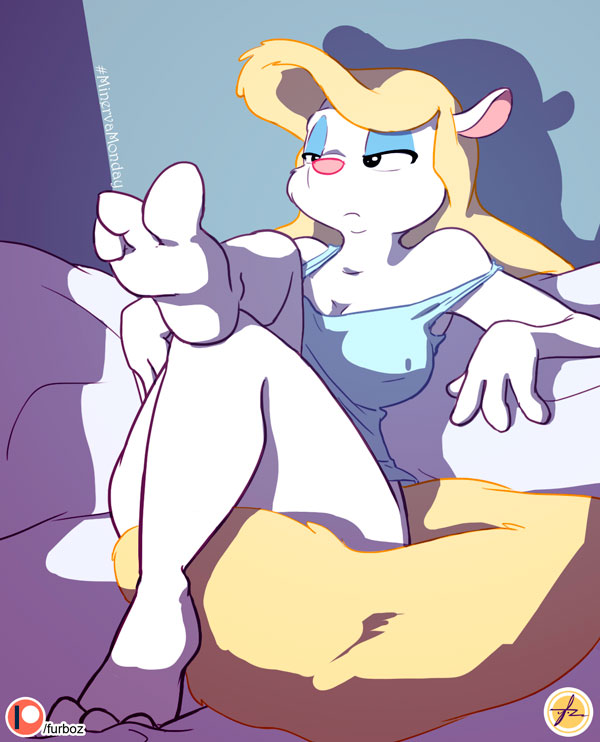 3_toes animaniacs anthro bed blonde_hair bored bottomless breasts camisole clothed clothing female fur furboz furniture hair half-closed_eyes mammal minerva_mink mink mustelid musteline narrowed_eyes pink_nose shirt sitting solo toes topwear warner_brothers white_body white_fur
