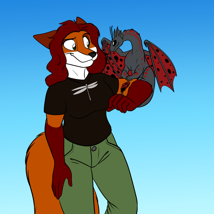 1:1 ambiguous_gender anthro bat_wings black_nose canid canine clothed clothing dragon duo female feral fox foxenawolf fur gloves_(marking) hair mammal markings membrane_(anatomy) membranous_wings orange_body orange_fur red_hair spotted_wings wings