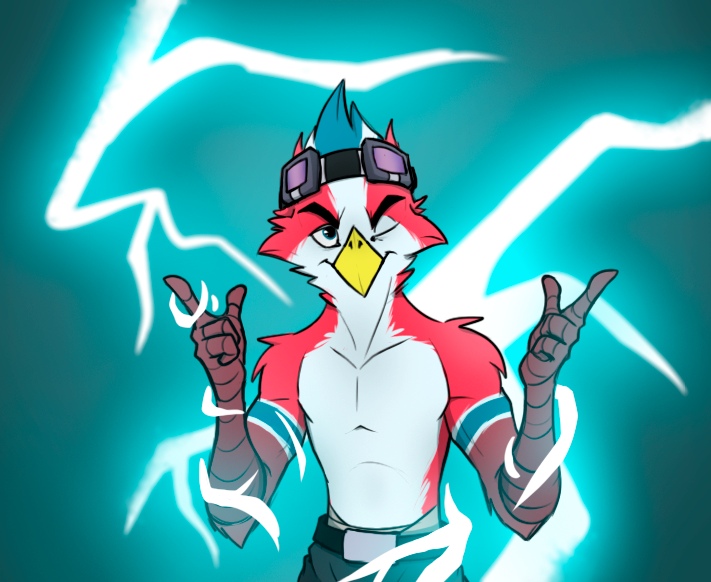 anthro avian avio bird clothed clothing electricity enthief eyewear feathers gesture glasses male partially_clothed pointing solo sparks topless