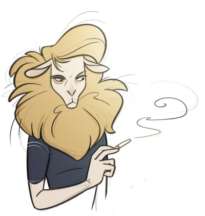 anthro blonde_hair blue_clothing bovid breaking_bad caprine cigarette clothed clothing coconutmilkyway female fur goat hair holding_object low_res mammal shirt simple_background skyler_white solo topwear white_background yellow_body yellow_fur