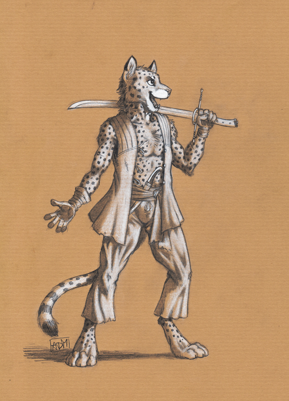 0laffson 4_toes 5_fingers anthro cheetah felid feline fingers hi_res holding_object holding_sword holding_weapon male mammal melee_weapon open_mouth solo sword teeth toes tongue weapon