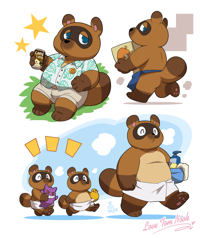 2020 animal_crossing anthro apron belly blue_eyes bottomwear brown_body brown_fur butt canid canine clothing crossover eyes_closed fur gengar group kemono male mammal nintendo overweight overweight_male pok&eacute;mon pok&eacute;mon_(species) raccoon_dog shirt shorts sitting takataka tanuki timmy_nook tom_nook_(animal_crossing) tommy_nook topwear towel video_games