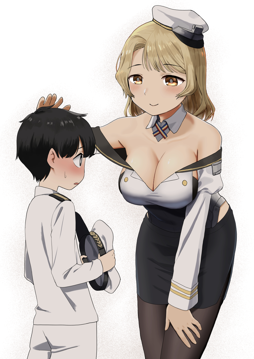 1boy 1girl age_difference bangs bare_shoulders black_legwear black_skirt blonde_hair blush breasts brown_eyes cleavage eyebrows_visible_through_hair hat highres holding holding_hat houston_(kantai_collection) kantai_collection large_breasts little_boy_admiral_(kantai_collection) long_sleeves medium_hair mirui2 open_mouth pantyhose peaked_cap petting simple_background skirt smile sweat white_background white_headwear