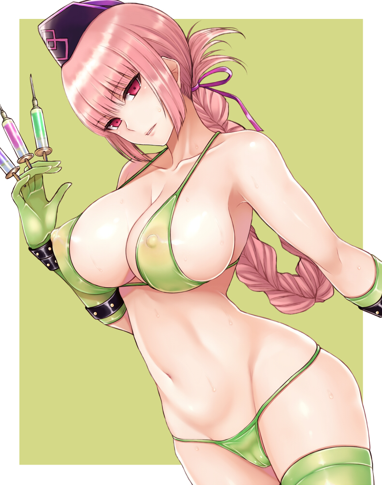 1girl bare_shoulders between_fingers bikini border braid breasts cameltoe cleavage cocq_taichou covered_nipples elbow_gloves fate/grand_order fate_(series) florence_nightingale_(fate/grand_order) gloves green_background green_bikini green_gloves green_legwear hair_ribbon halterneck hat large_breasts lips long_hair navel nipples nurse_cap parted_lips pink_eyes pink_hair puffy_nipples ribbon see-through shiny shiny_hair single_braid single_thighhigh skindentation solo sweat swimsuit syringe thighhighs trick_or_treatment white_border