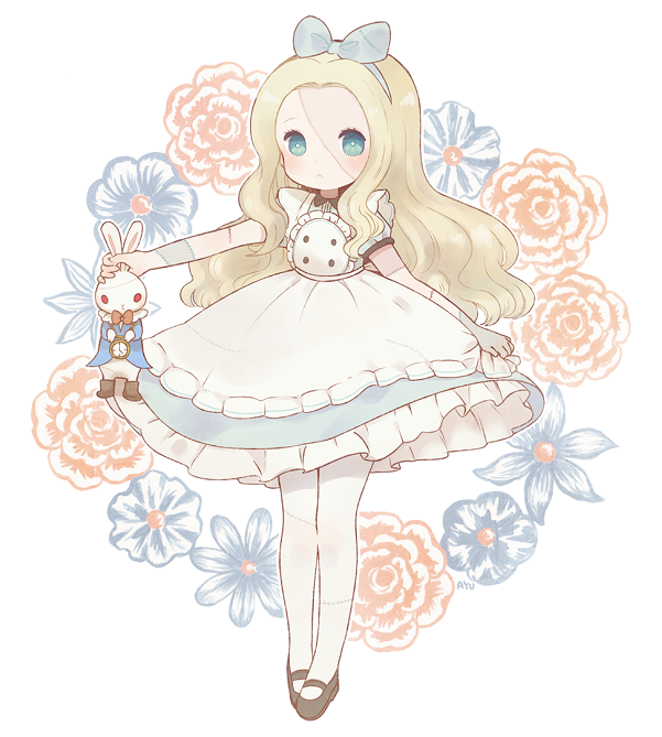 1girl alice_(wonderland) alice_in_wonderland ayu_(mog) black_footwear blonde_hair blue_bow blue_eyes blue_flower blue_hairband bow bright_pupils closed_mouth dress floral_background flower full_body hair_bow hairband holding layered_dress leotard long_hair looking_at_viewer original pantyhose red_flower red_rose rose shoes solo white_dress white_legwear white_rabbit wristband