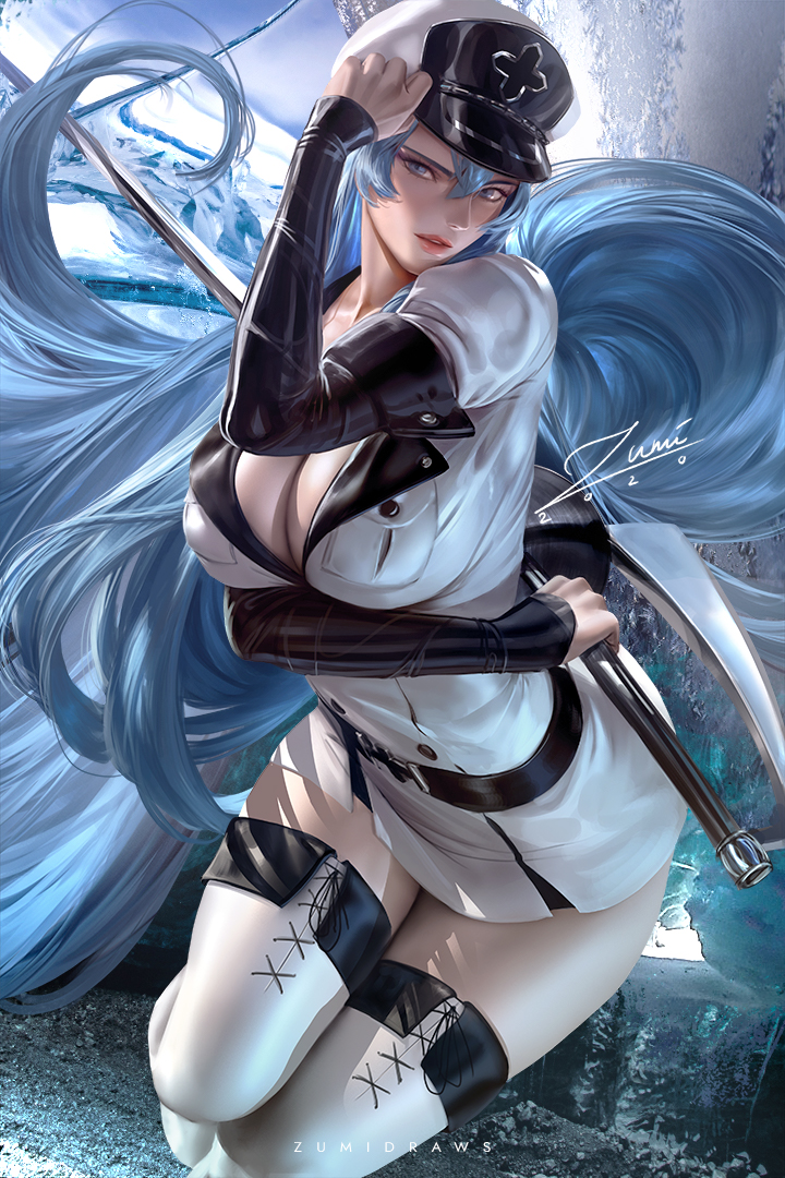 1girl akame_ga_kill! arm_under_breasts bangs banned_artist belt black_belt blue_eyes blue_hair boots breasts cleavage english_commentary esdeath hair_between_eyes hat holding holding_sword holding_weapon ice large_breasts long_hair looking_at_viewer military military_hat military_uniform parted_lips peaked_cap skirt sword sword_behind_back thigh_boots thighhighs thighs uniform very_long_hair weapon zumi_(zumidraws)